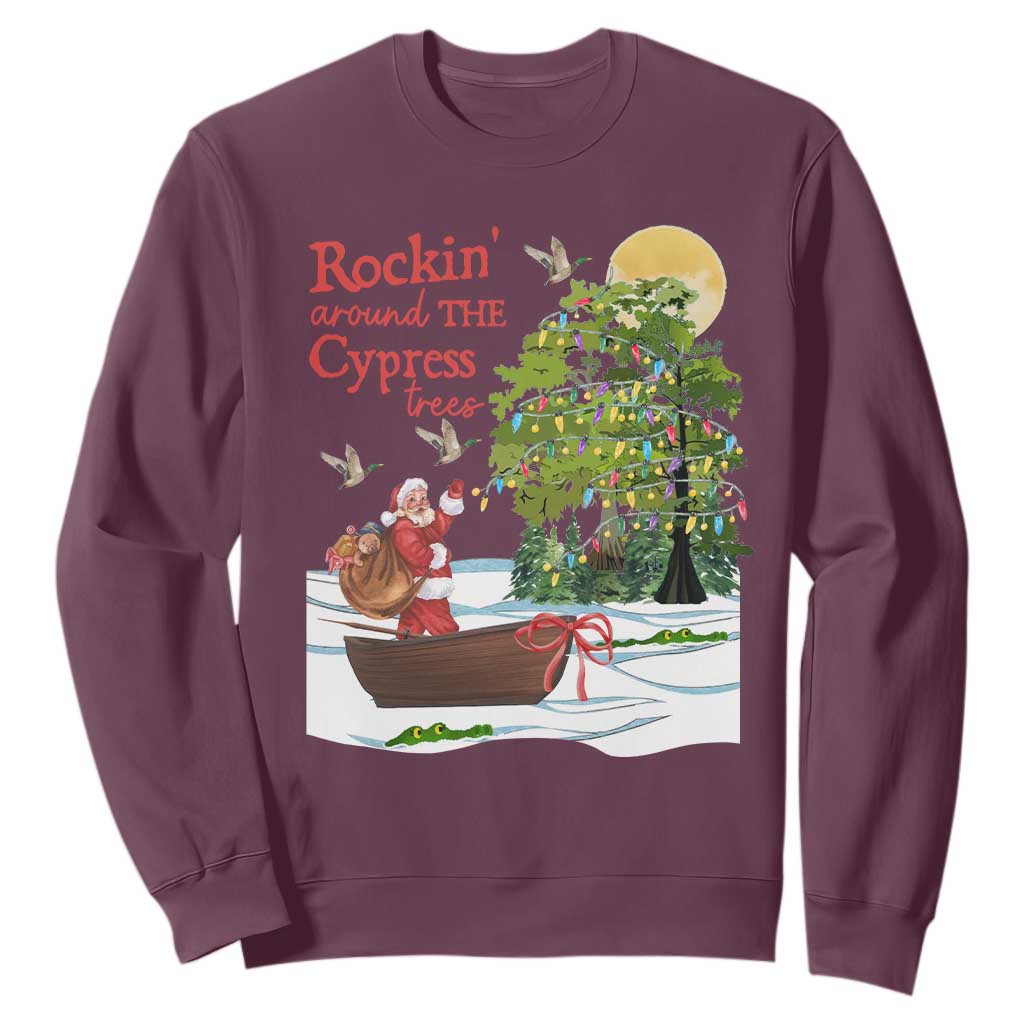 Funny Christmas Cajun Louisiana Sweatshirt Rockin' Around The Cypress Trees Santa Alligator TS11 Maroon Print Your Wear