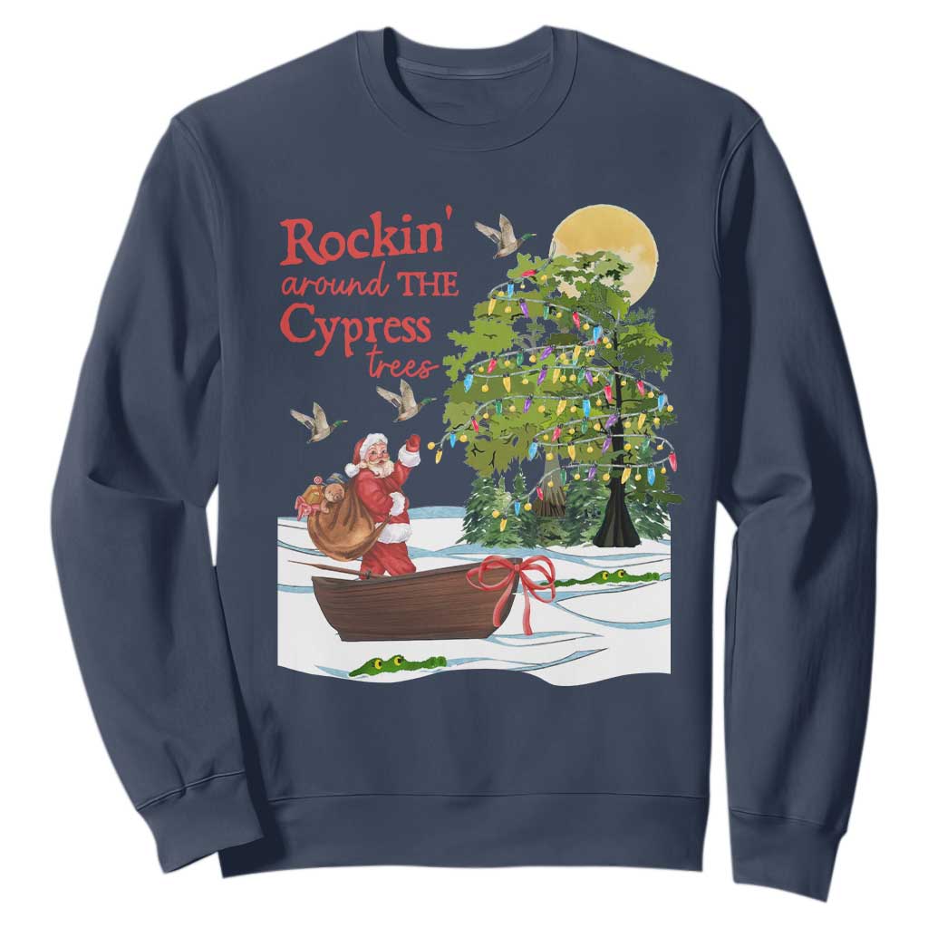 Funny Christmas Cajun Louisiana Sweatshirt Rockin' Around The Cypress Trees Santa Alligator TS11 Navy Print Your Wear