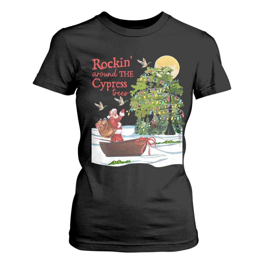 Funny Christmas Cajun Louisiana T Shirt For Women Rockin' Around The Cypress Trees Santa Alligator TS11 Black Print Your Wear