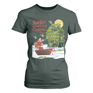 Funny Christmas Cajun Louisiana T Shirt For Women Rockin' Around The Cypress Trees Santa Alligator TS11 Dark Forest Green Print Your Wear