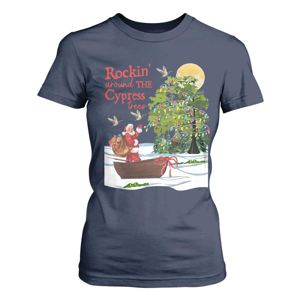 Funny Christmas Cajun Louisiana T Shirt For Women Rockin' Around The Cypress Trees Santa Alligator TS11 Navy Print Your Wear