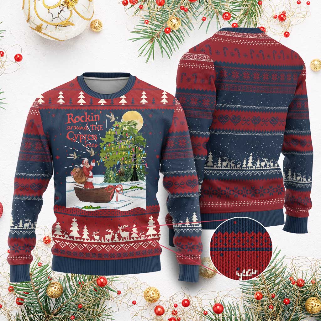 Funny Xmas Cajun Louisiana Ugly Christmas Sweater Rockin' Around The Cypress Trees Santa Alligator TS11 Burgundy Print Your Wear