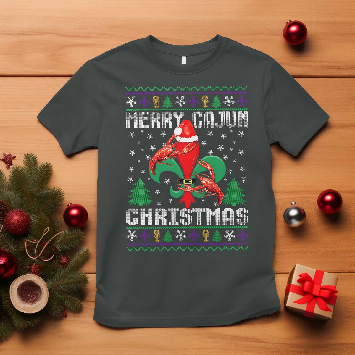 Merry Cajun Louisiana Christmas Santa Saint Symbol Crawfish T Shirt TS11 Dark Heather Print Your Wear