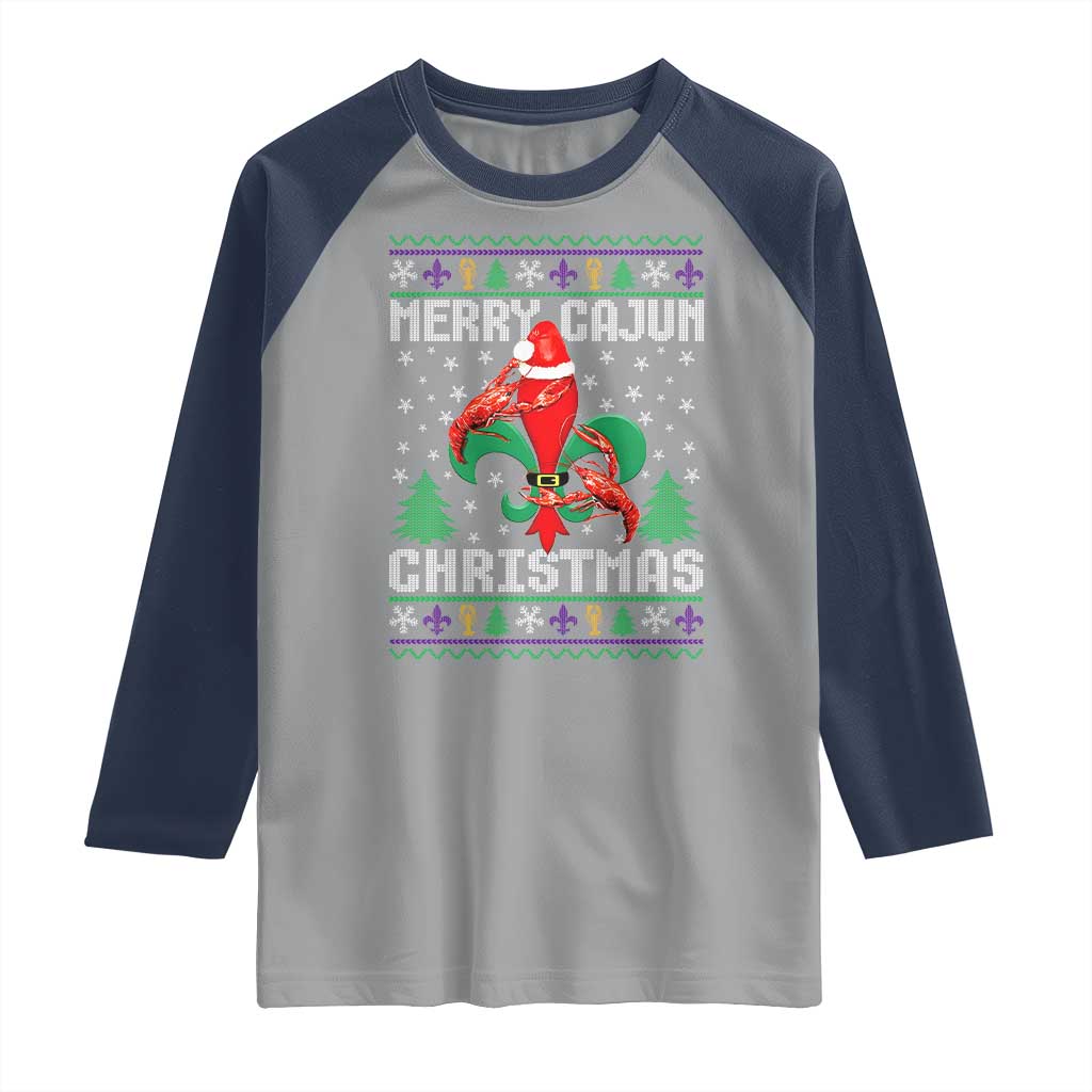 Merry Cajun Louisiana Christmas Santa Saint Symbol Crawfish Raglan Shirt TS11 Sport Gray Navy Print Your Wear
