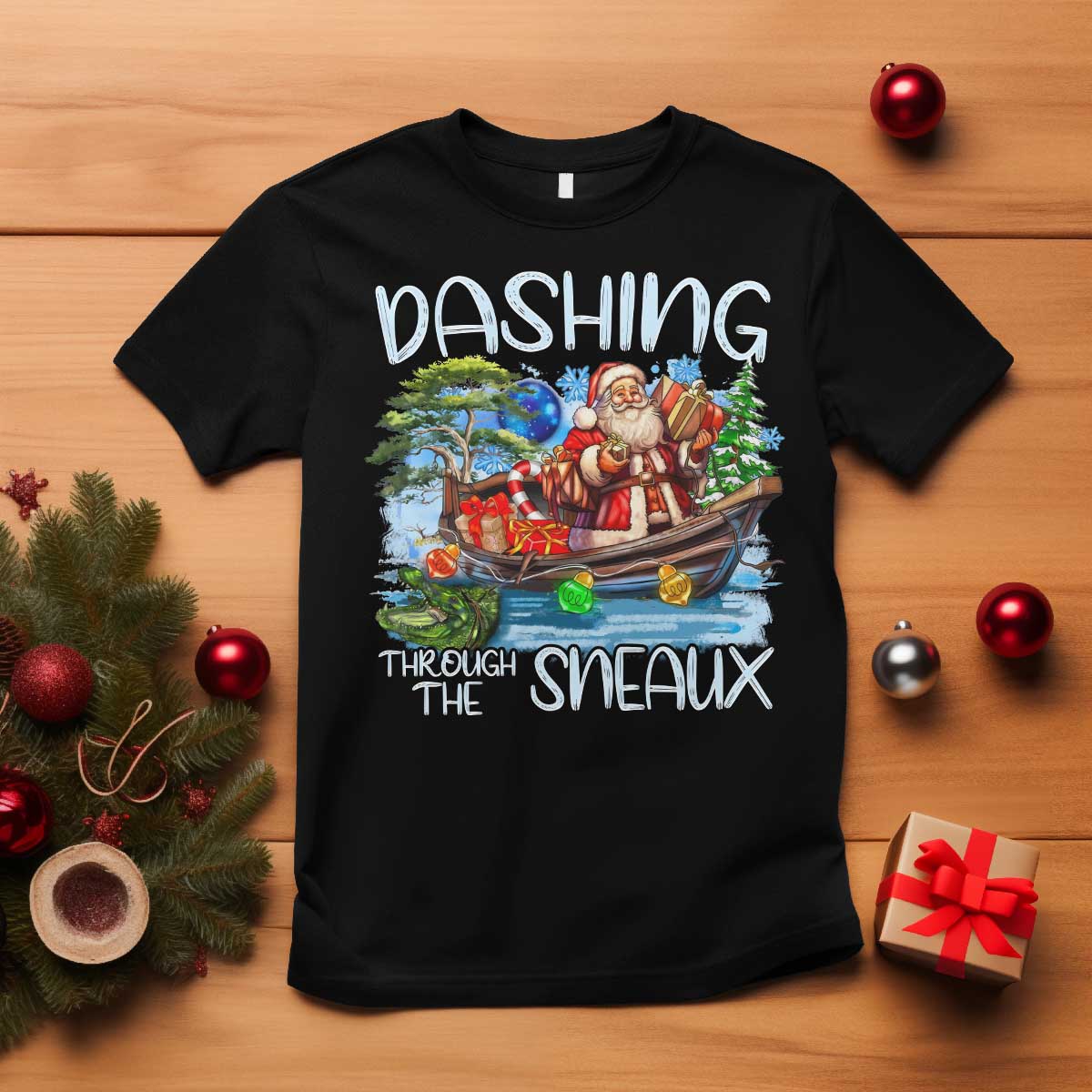 Funny Christmas Cajun Louisiana T Shirt Dashing Through The Sneaux Santa Alligator TS11 Black Print Your Wear