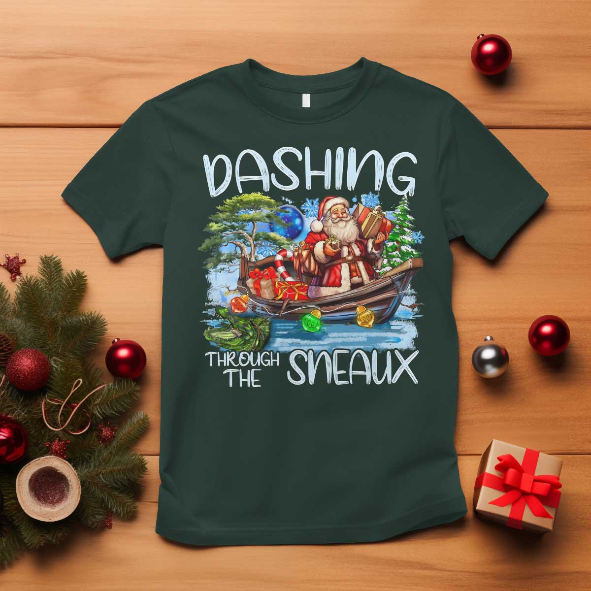 Funny Christmas Cajun Louisiana T Shirt Dashing Through The Sneaux Santa Alligator TS11 Dark Forest Green Print Your Wear