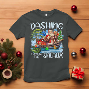 Funny Christmas Cajun Louisiana T Shirt Dashing Through The Sneaux Santa Alligator TS11 Dark Heather Print Your Wear