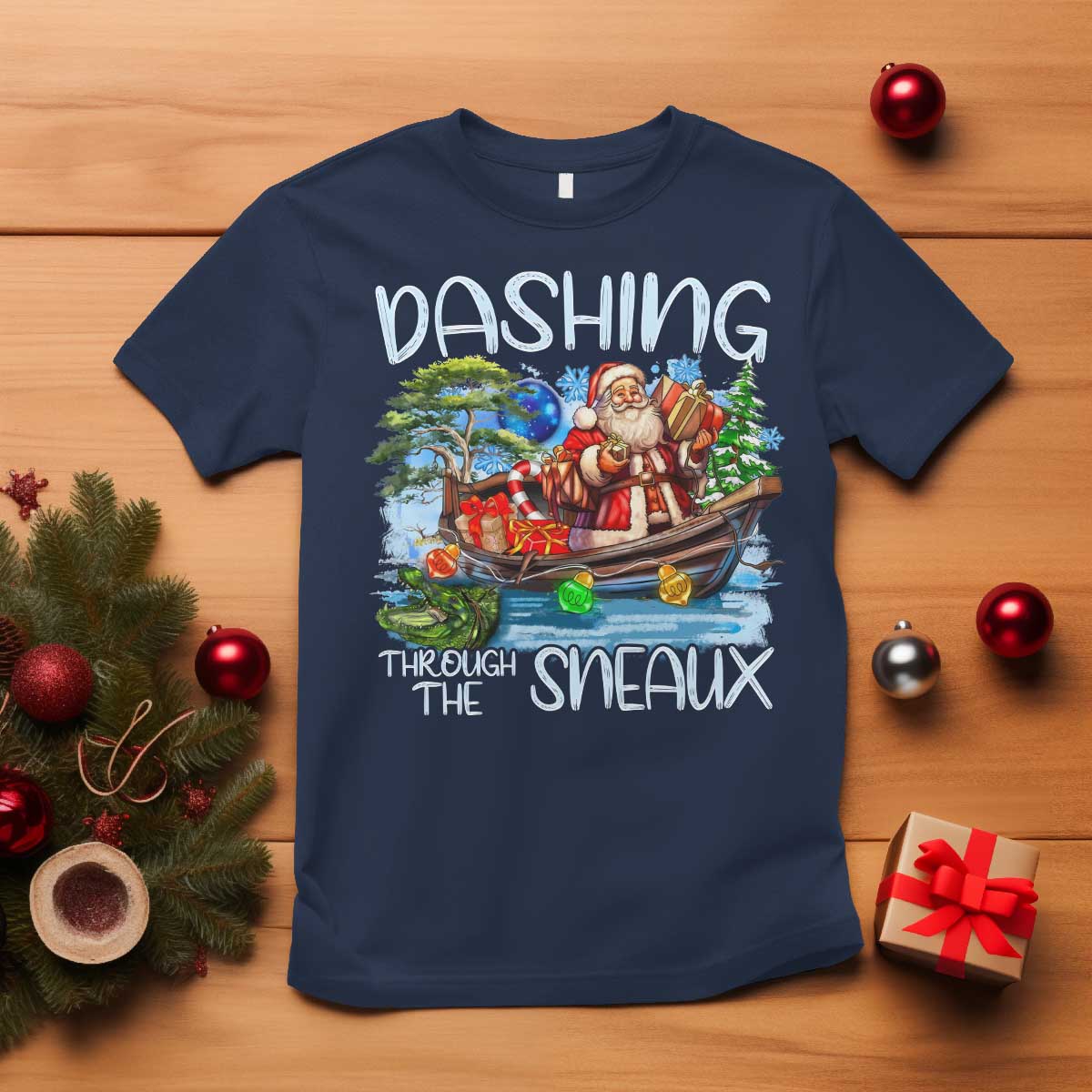 Funny Christmas Cajun Louisiana T Shirt Dashing Through The Sneaux Santa Alligator TS11 Navy Print Your Wear