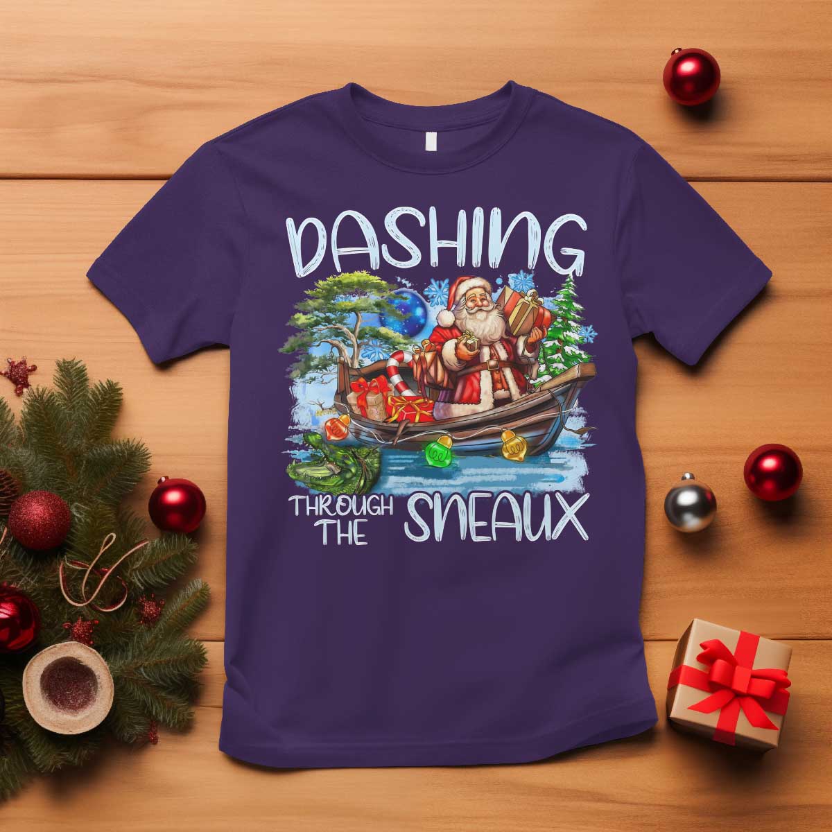 Funny Christmas Cajun Louisiana T Shirt Dashing Through The Sneaux Santa Alligator TS11 Purple Print Your Wear