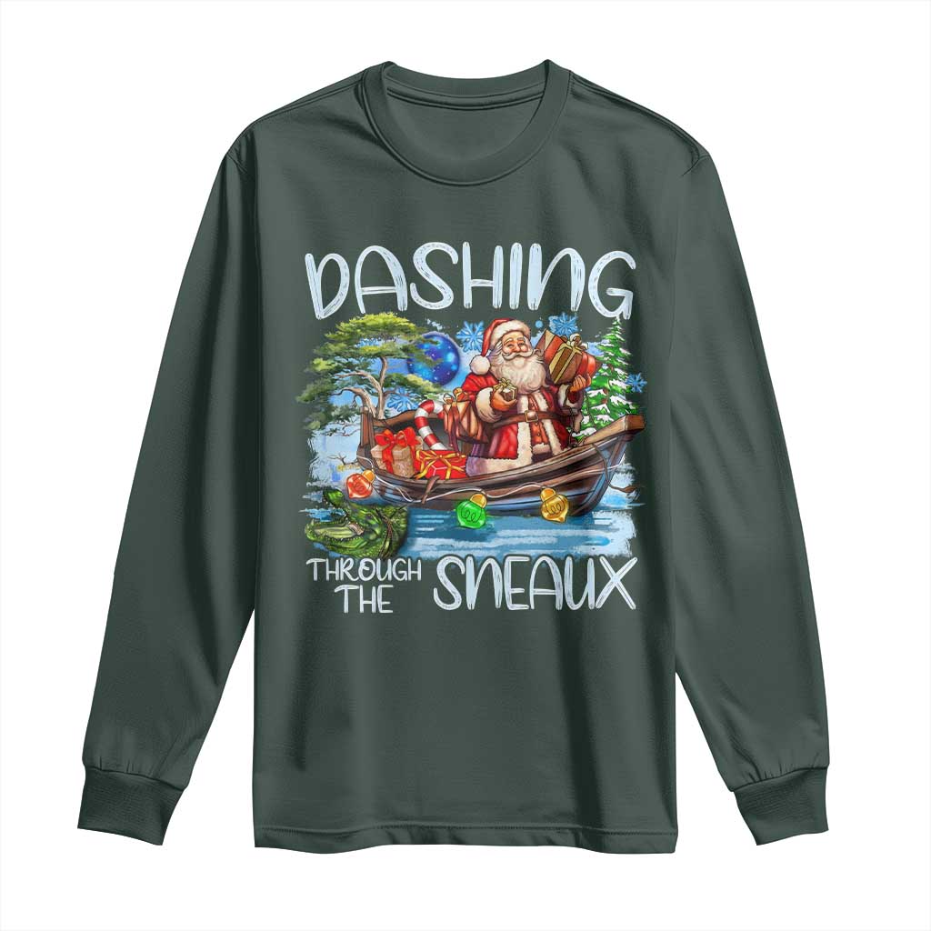 Funny Christmas Cajun Louisiana Long Sleeve Shirt Dashing Through The Sneaux Santa Alligator TS11 Dark Forest Green Print Your Wear