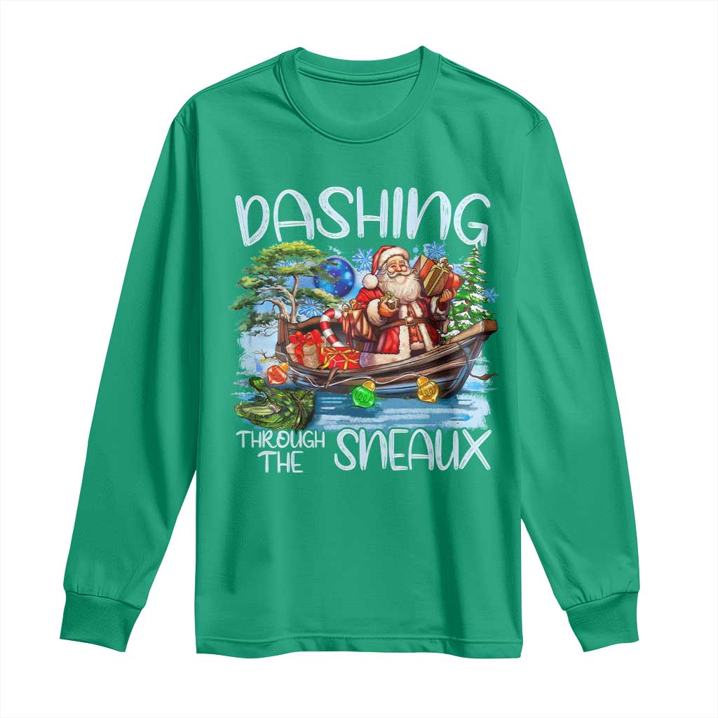 Funny Christmas Cajun Louisiana Long Sleeve Shirt Dashing Through The Sneaux Santa Alligator TS11 Irish Green Print Your Wear