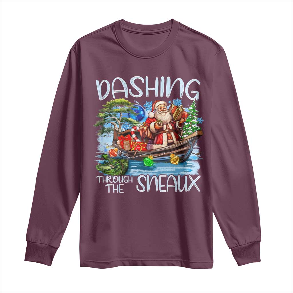 Funny Christmas Cajun Louisiana Long Sleeve Shirt Dashing Through The Sneaux Santa Alligator TS11 Maroon Print Your Wear