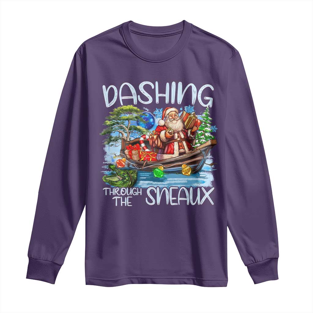 Funny Christmas Cajun Louisiana Long Sleeve Shirt Dashing Through The Sneaux Santa Alligator TS11 Purple Print Your Wear
