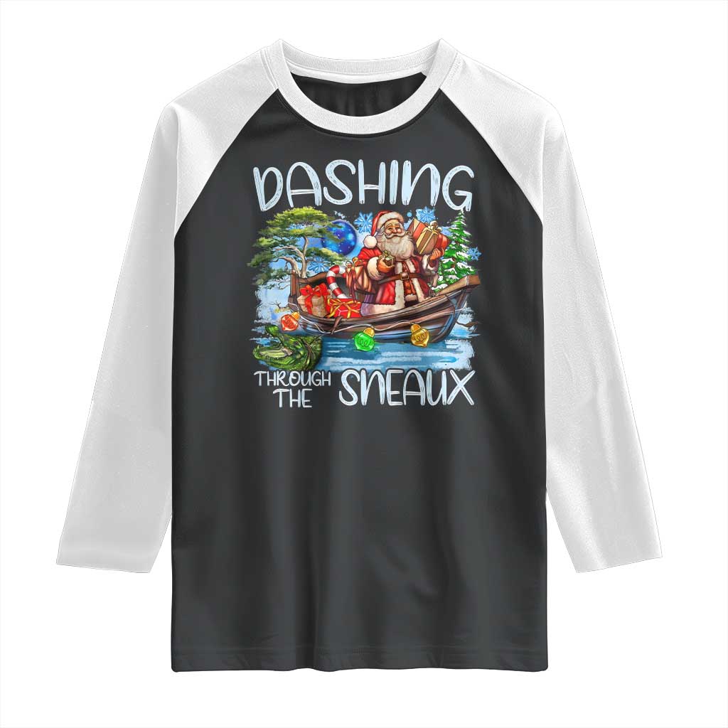 Funny Christmas Cajun Louisiana Raglan Shirt Dashing Through The Sneaux Santa Alligator TS11 Black White Print Your Wear