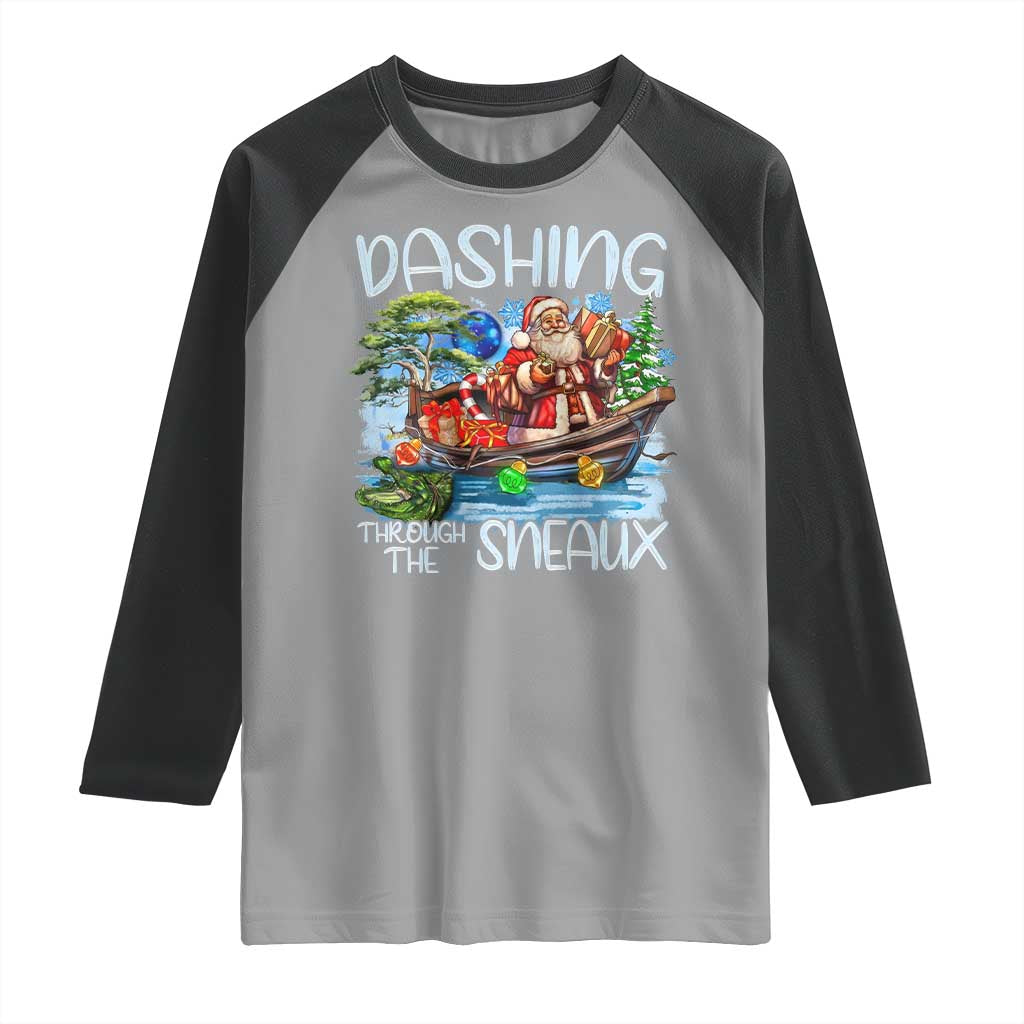Funny Christmas Cajun Louisiana Raglan Shirt Dashing Through The Sneaux Santa Alligator TS11 Sport Gray Black Print Your Wear