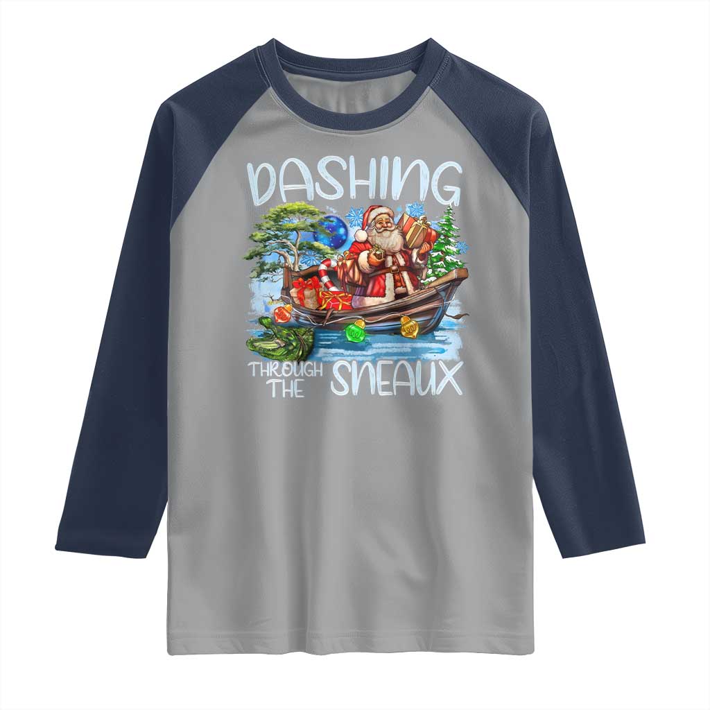 Funny Christmas Cajun Louisiana Raglan Shirt Dashing Through The Sneaux Santa Alligator TS11 Sport Gray Navy Print Your Wear