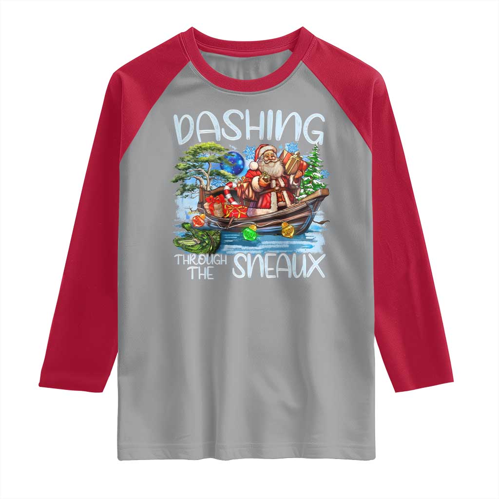 Funny Christmas Cajun Louisiana Raglan Shirt Dashing Through The Sneaux Santa Alligator TS11 Sport Gray Red Print Your Wear