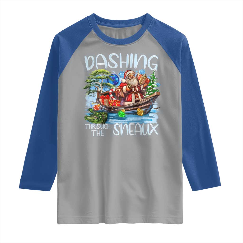 Funny Christmas Cajun Louisiana Raglan Shirt Dashing Through The Sneaux Santa Alligator TS11 Sport Gray Royal Print Your Wear