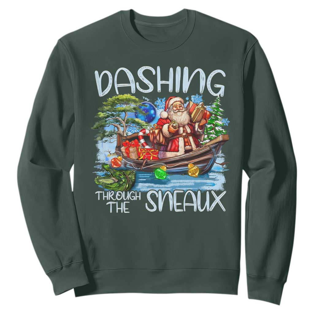 Funny Christmas Cajun Louisiana Sweatshirt Dashing Through The Sneaux Santa Alligator TS11 Dark Forest Green Print Your Wear
