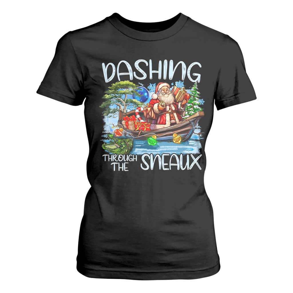 Funny Christmas Cajun Louisiana T Shirt For Women Dashing Through The Sneaux Santa Alligator TS11 Black Print Your Wear