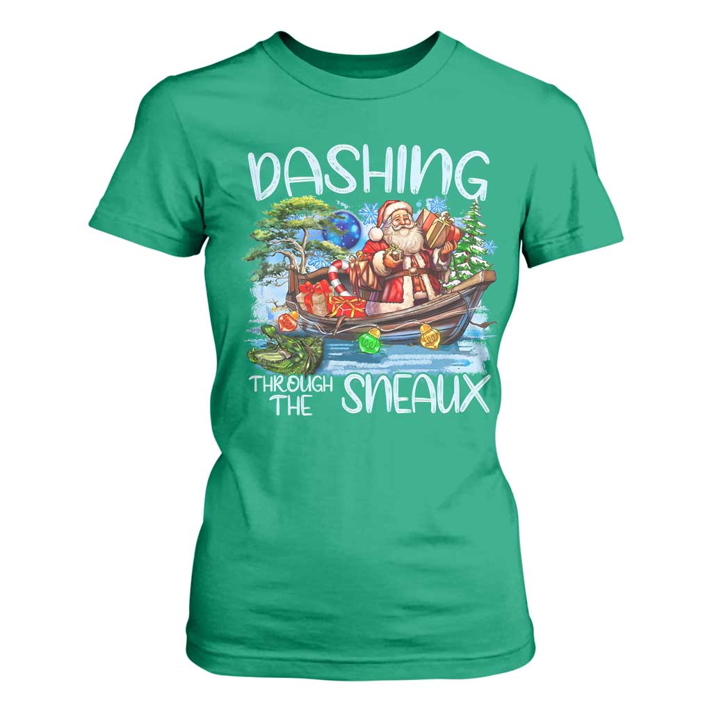 Funny Christmas Cajun Louisiana T Shirt For Women Dashing Through The Sneaux Santa Alligator TS11 Irish Green Print Your Wear