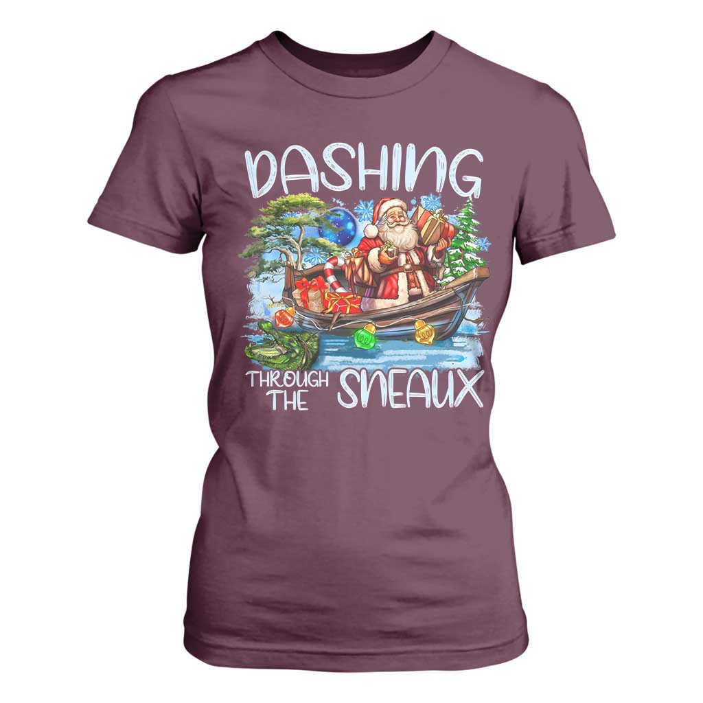 Funny Christmas Cajun Louisiana T Shirt For Women Dashing Through The Sneaux Santa Alligator TS11 Maroon Print Your Wear