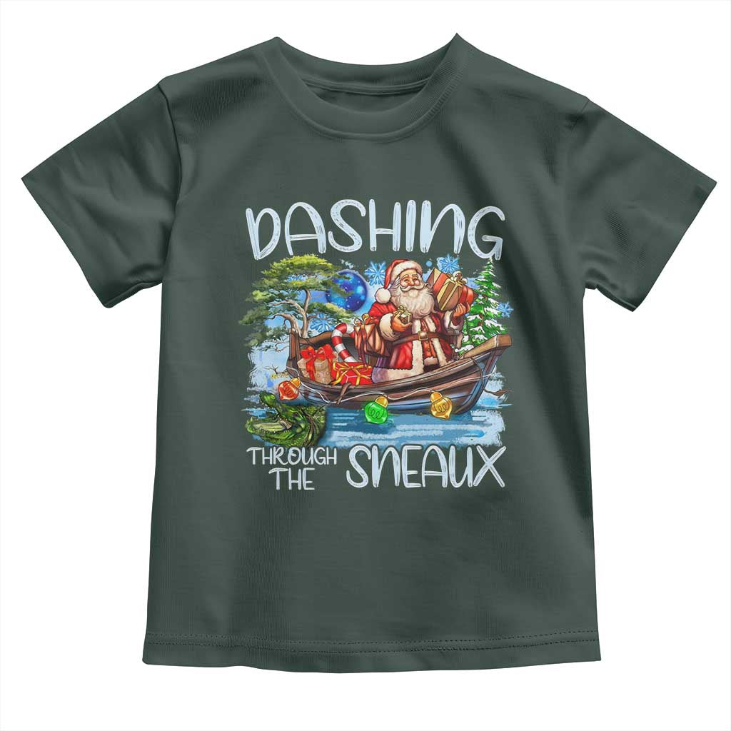 Funny Christmas Cajun Louisiana Toddler T Shirt Dashing Through The Sneaux Santa Alligator TS11 Dark Forest Green Print Your Wear