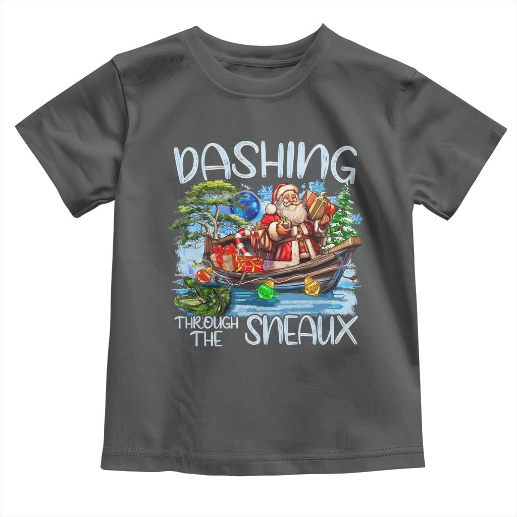 Funny Christmas Cajun Louisiana Toddler T Shirt Dashing Through The Sneaux Santa Alligator TS11 Dark Heather Print Your Wear