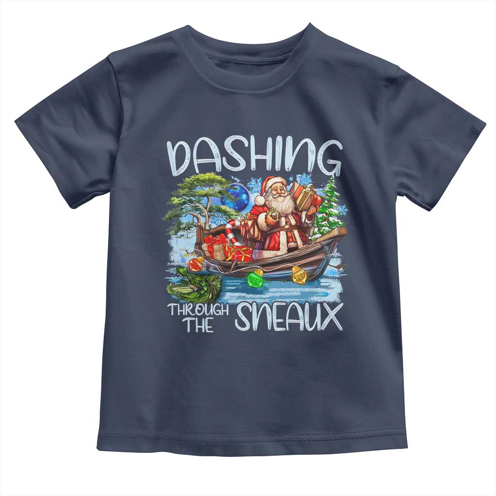 Funny Christmas Cajun Louisiana Toddler T Shirt Dashing Through The Sneaux Santa Alligator TS11 Navy Print Your Wear