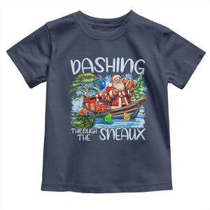 Funny Christmas Cajun Louisiana Toddler T Shirt Dashing Through The Sneaux Santa Alligator TS11 Navy Print Your Wear