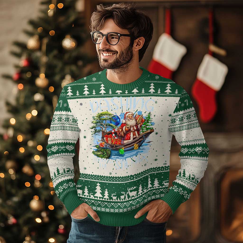 Funny Xmas Cajun Louisiana Ugly Christmas Sweater Dashing Through The Sneaux Santa Alligator TS11 Green Print Your Wear