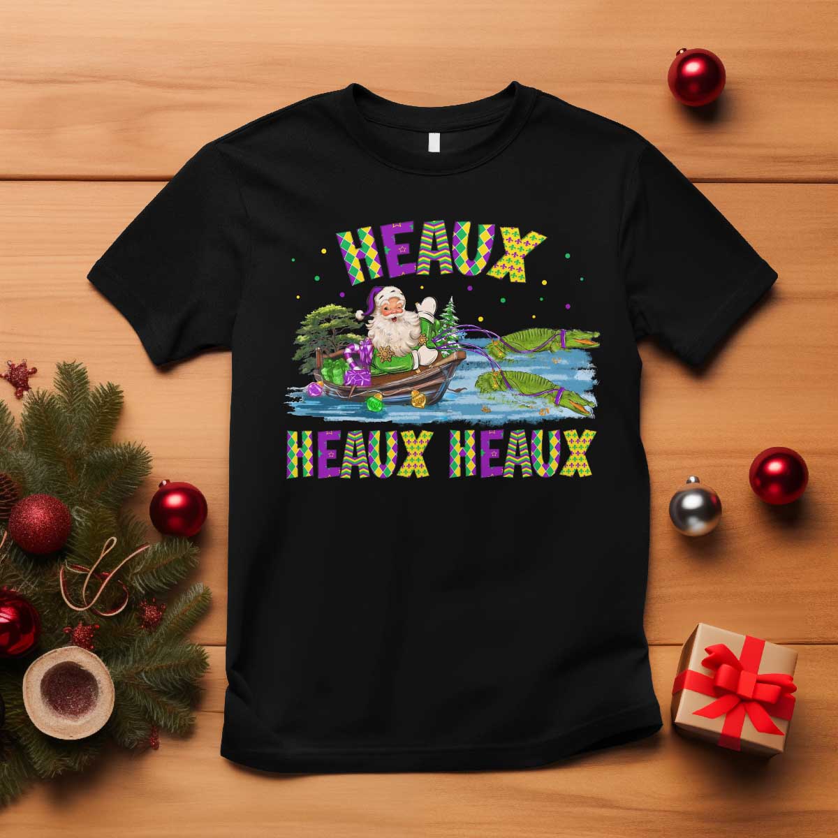 Funny Christmas Cajun Louisiana T Shirt Heaux Heaux Heaux Santa Alligator TS11 Black Print Your Wear