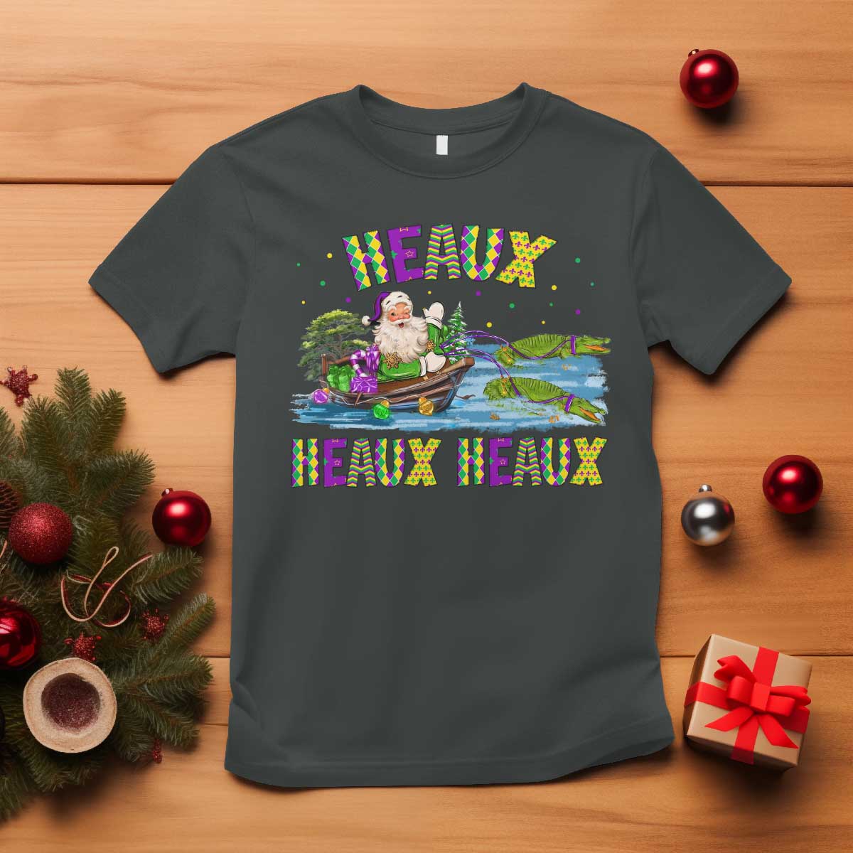Funny Christmas Cajun Louisiana T Shirt Heaux Heaux Heaux Santa Alligator TS11 Dark Heather Print Your Wear