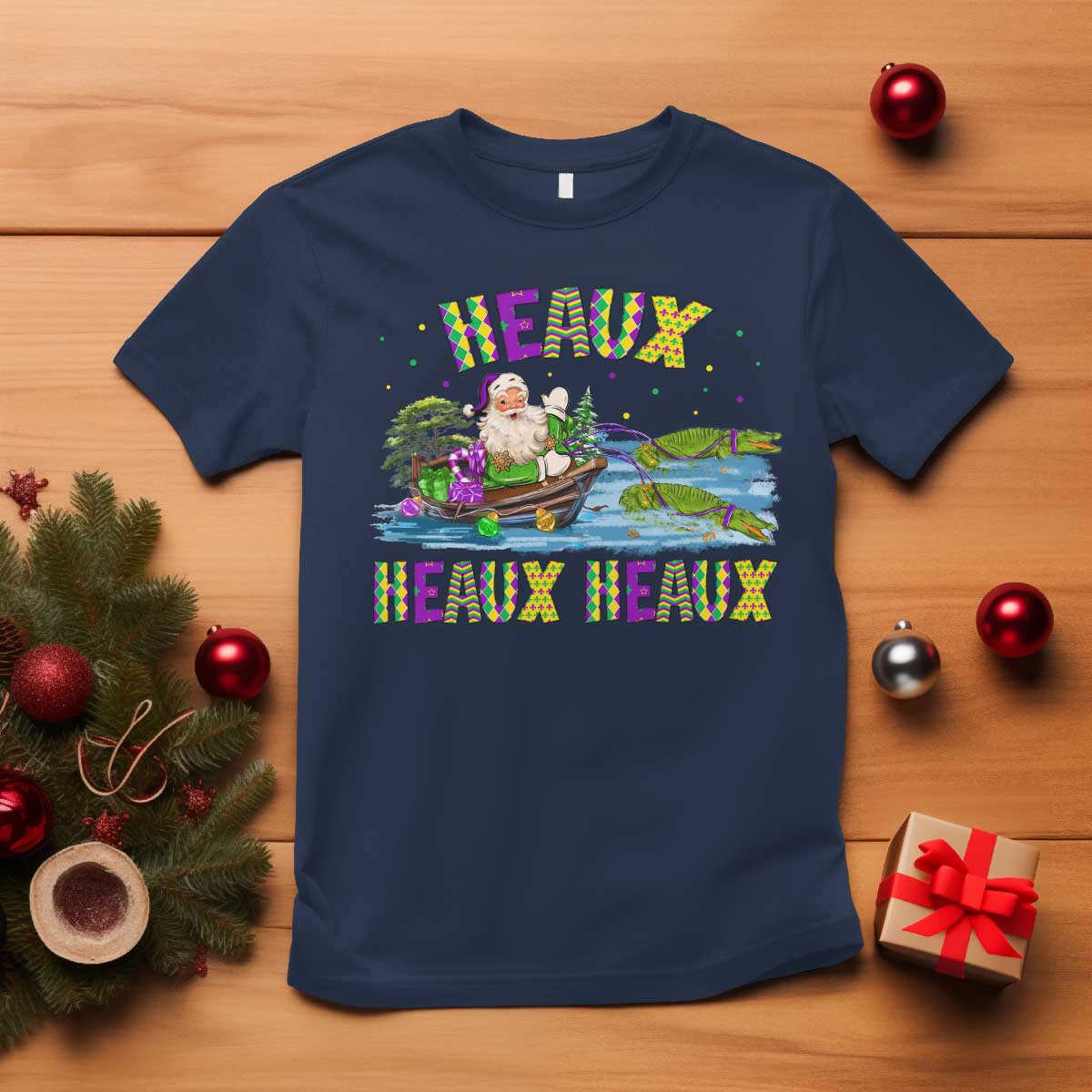 Funny Christmas Cajun Louisiana T Shirt Heaux Heaux Heaux Santa Alligator TS11 Navy Print Your Wear