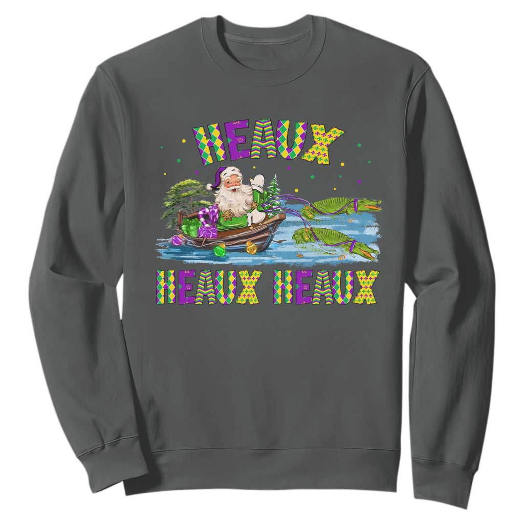 Funny Christmas Cajun Louisiana Sweatshirt Heaux Heaux Heaux Santa Alligator TS11 Dark Heather Print Your Wear