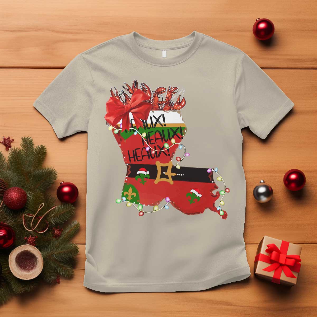 Funny Christmas Cajun T Shirt Triple Heaux Santa Louisiana Map Crawfish TS11 Sand Print Your Wear