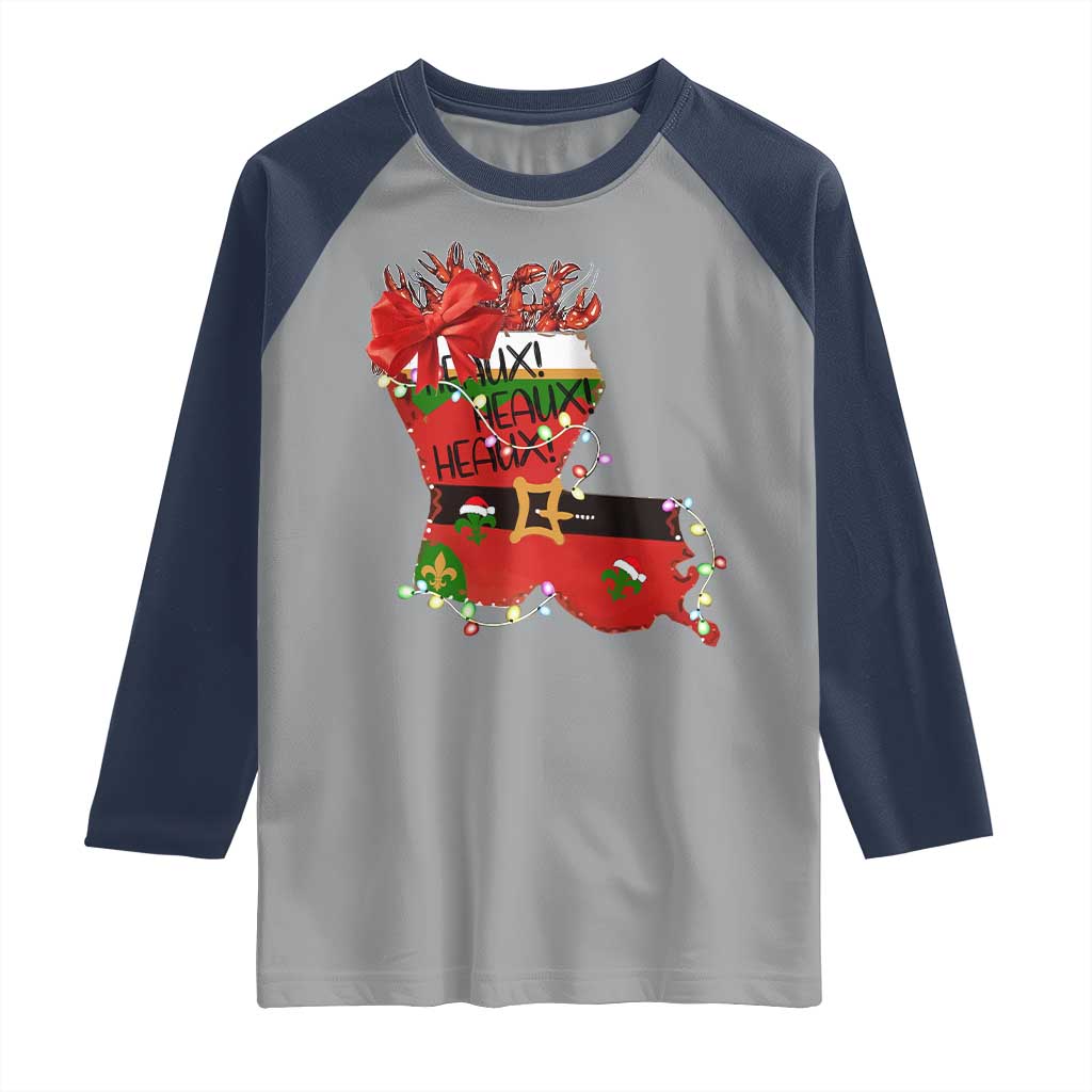 Funny Christmas Cajun Raglan Shirt Triple Heaux Santa Louisiana Map Crawfish TS11 Sport Gray Navy Print Your Wear