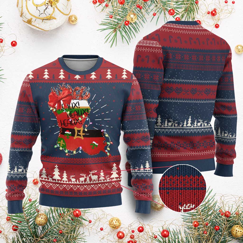 Funny Xmas Cajun Ugly Christmas Sweater Triple Heaux Santa Louisiana Map Crawfish TS11 Burgundy Print Your Wear