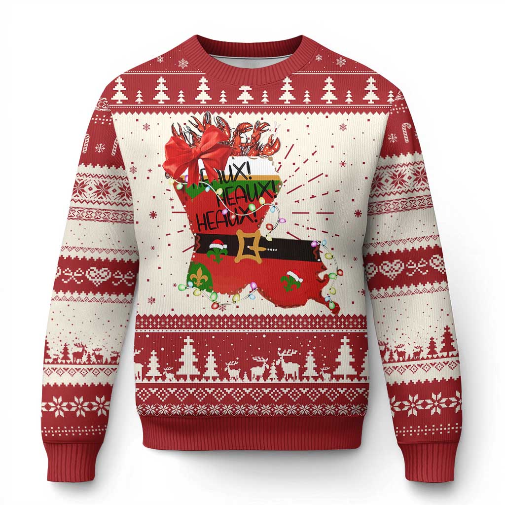 Funny Xmas Cajun Ugly Christmas Sweater Triple Heaux Santa Louisiana Map Crawfish TS11 Red Print Your Wear