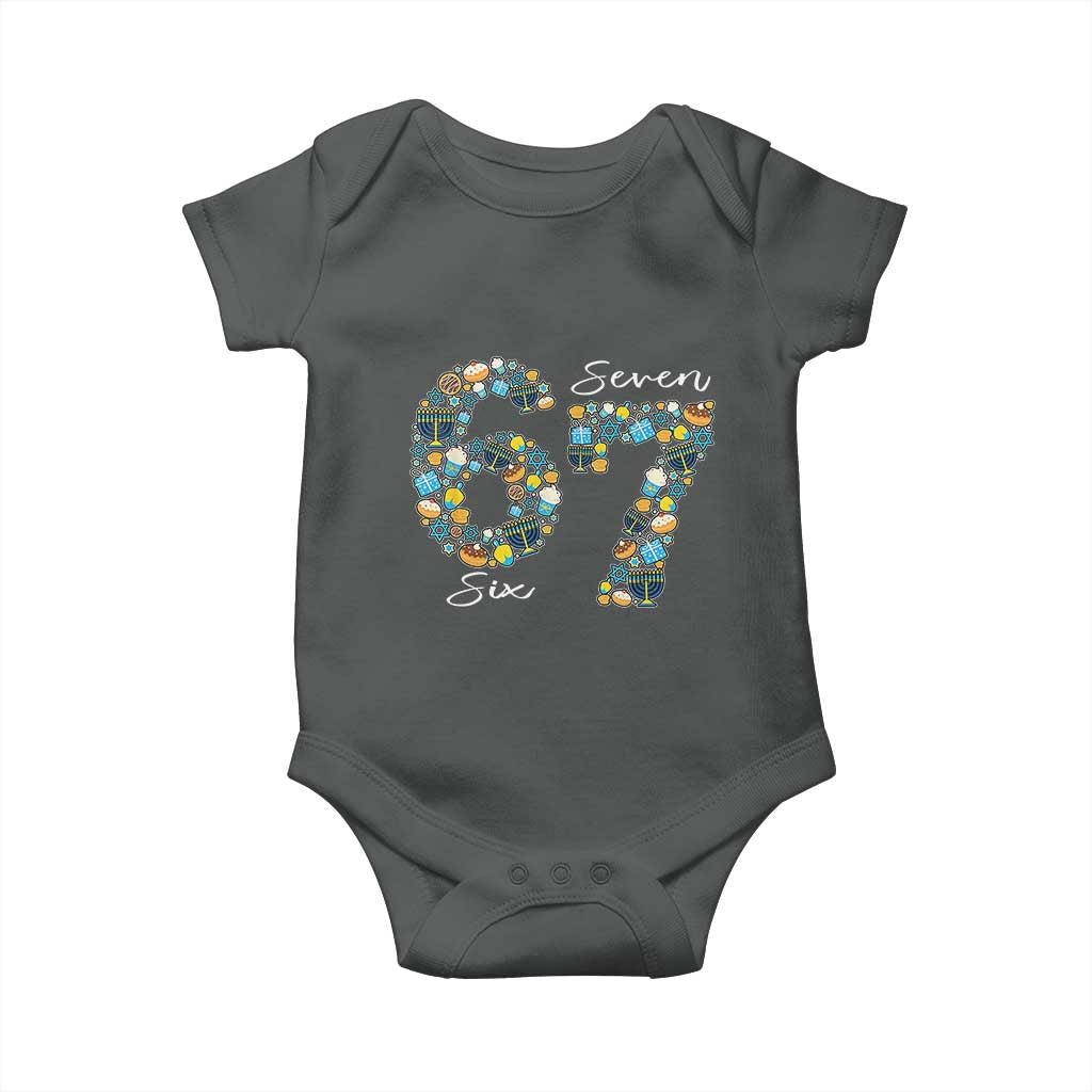 Funny Hanukkah 67 Baby Onesie Six Seven Meme Chanukah Dreidel Gelt Star Of David TS11 Dark Heather Print Your Wear