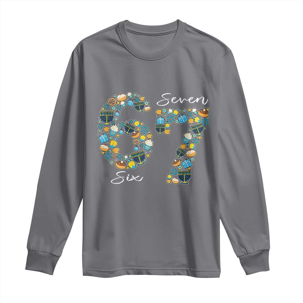 Funny Hanukkah 67 Long Sleeve Shirt Six Seven Meme Chanukah Dreidel Gelt Star Of David TS11 Charcoal Print Your Wear