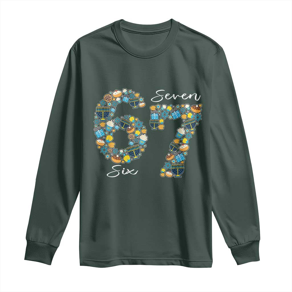 Funny Hanukkah 67 Long Sleeve Shirt Six Seven Meme Chanukah Dreidel Gelt Star Of David TS11 Dark Forest Green Print Your Wear