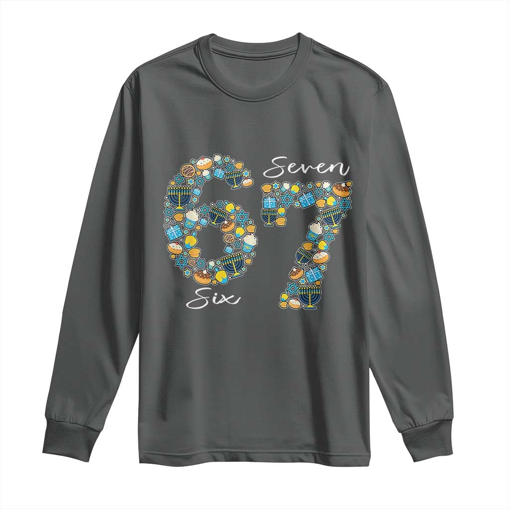 Funny Hanukkah 67 Long Sleeve Shirt Six Seven Meme Chanukah Dreidel Gelt Star Of David TS11 Dark Heather Print Your Wear