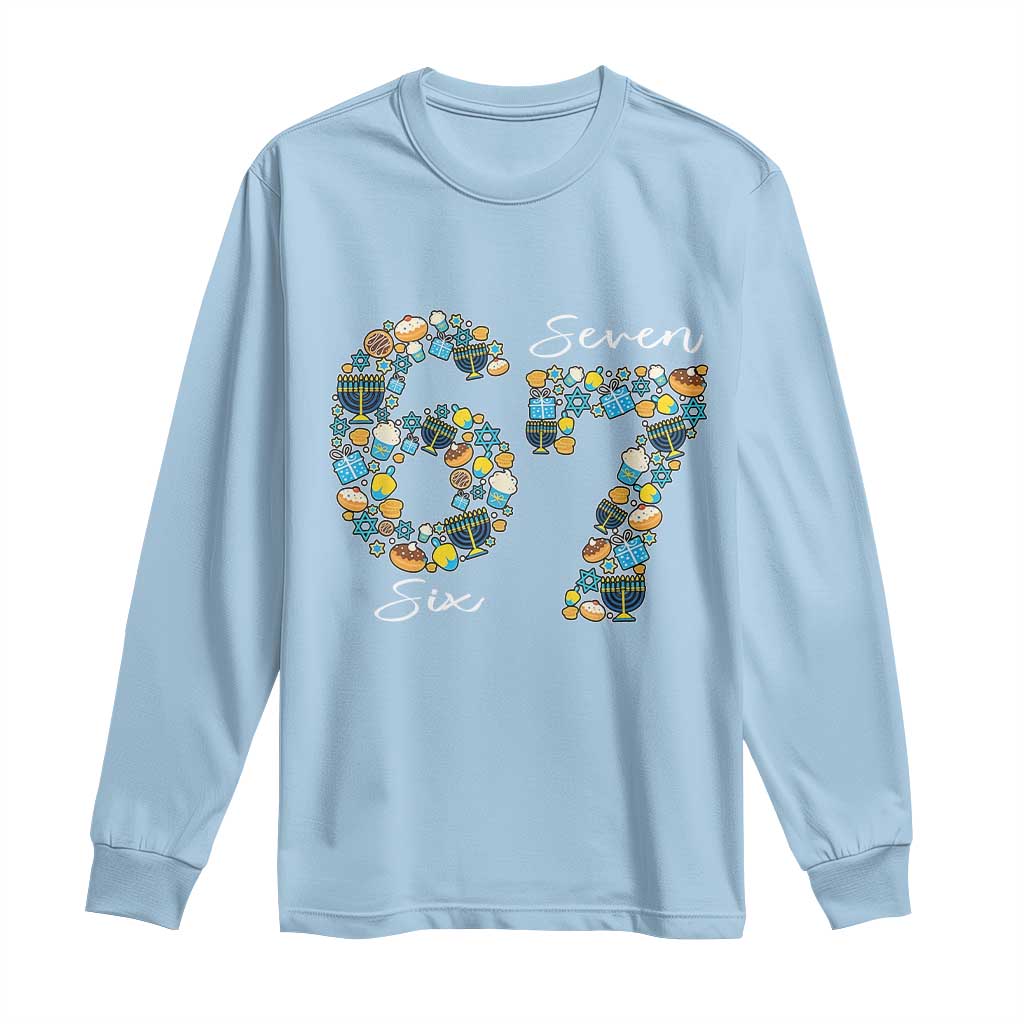 Funny Hanukkah 67 Long Sleeve Shirt Six Seven Meme Chanukah Dreidel Gelt Star Of David TS11 Light Blue Print Your Wear