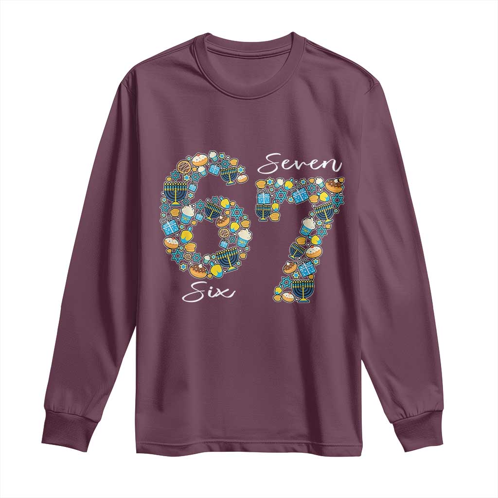 Funny Hanukkah 67 Long Sleeve Shirt Six Seven Meme Chanukah Dreidel Gelt Star Of David TS11 Maroon Print Your Wear