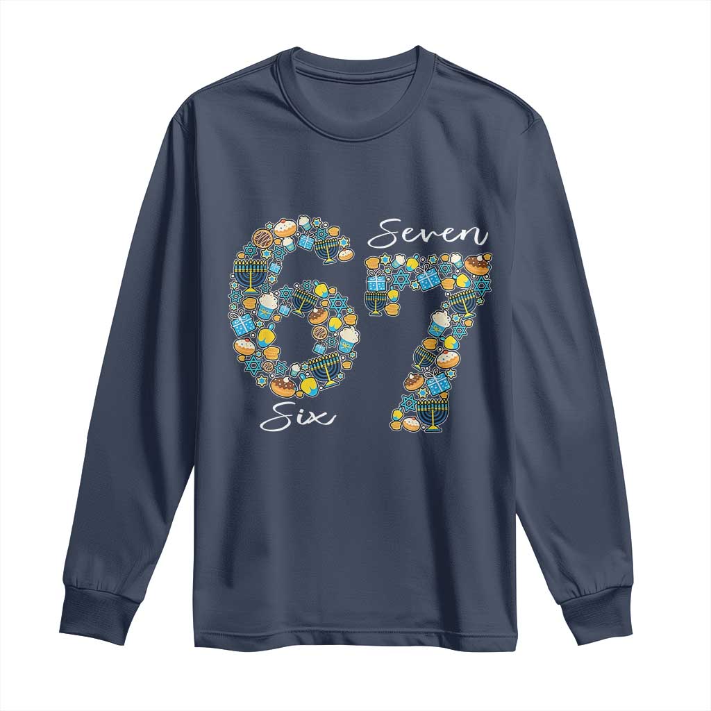 Funny Hanukkah 67 Long Sleeve Shirt Six Seven Meme Chanukah Dreidel Gelt Star Of David TS11 Navy Print Your Wear
