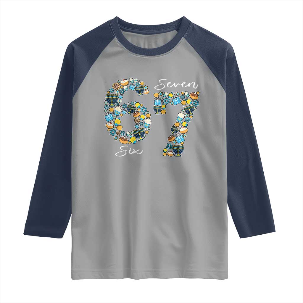 Funny Hanukkah 67 Raglan Shirt Six Seven Meme Chanukah Dreidel Gelt Star Of David TS11 Sport Gray Navy Print Your Wear