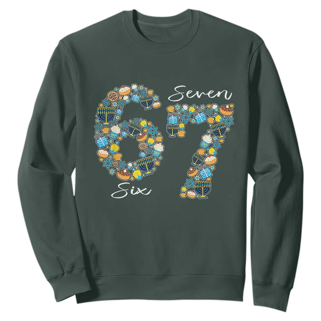 Funny Hanukkah 67 Sweatshirt Six Seven Meme Chanukah Dreidel Gelt Star Of David TS11 Dark Forest Green Print Your Wear