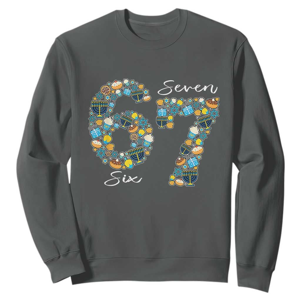 Funny Hanukkah 67 Sweatshirt Six Seven Meme Chanukah Dreidel Gelt Star Of David TS11 Dark Heather Print Your Wear