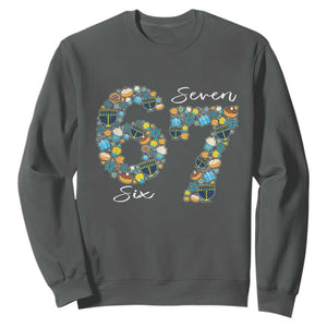 Funny Hanukkah 67 Sweatshirt Six Seven Meme Chanukah Dreidel Gelt Star Of David TS11 Dark Heather Print Your Wear